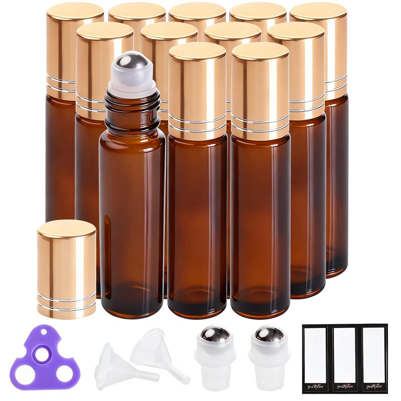 PrettyCare 12 Pack, 10 ml Essential Oil Roller Bottles with Stainless Steel Roller Ball - Refillable Leak-proof Empty Thick Amber Glass Roll on Bottles with Metal Caps for Travel, Perfume - Image 1